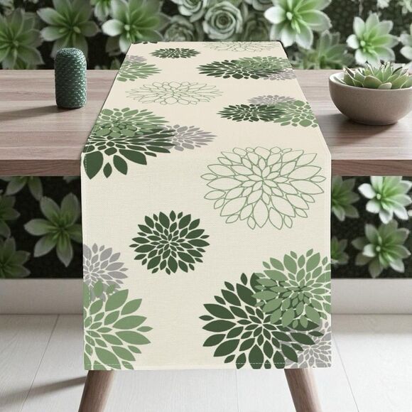 Dahlia Pinnata Flower Table Runner, Sage Green  72"x13" Burlap Modern Farmhouse - Picture 3 of 3